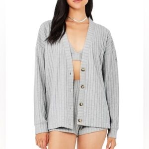 ALO Yoga Ribbed Take Comfort Cardigan - Athletic Heather Grey SZ XS